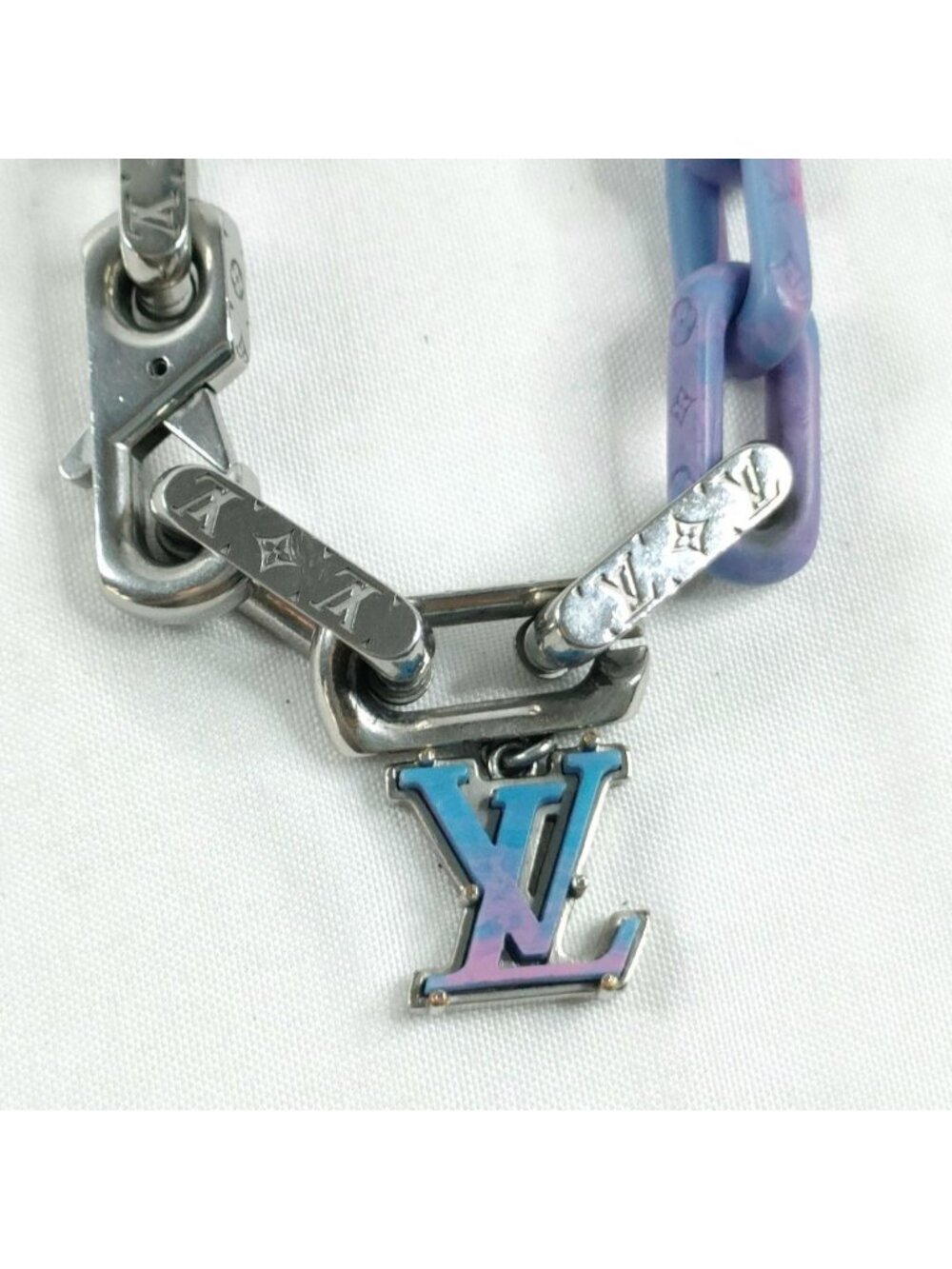Louis Vuitton Monogram Chain Necklace Silver Blue